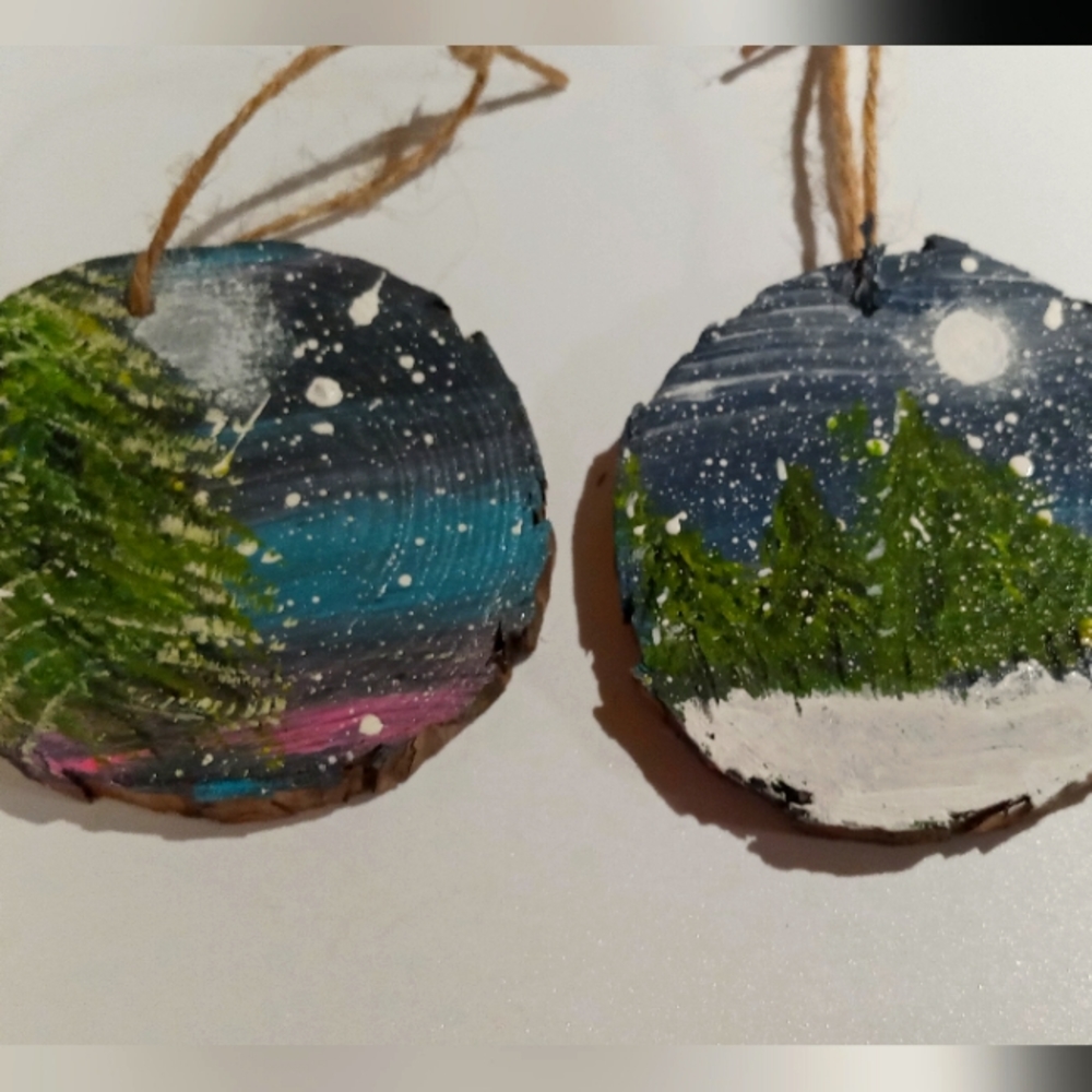HANDPAINTED & SIGNED WOODSLICE ART "WINTER NIGHT" (SET OF TWO)